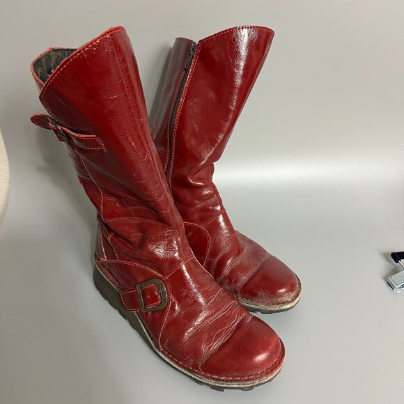 Fly London Womens Boots MES 2 Wedge Calf Length Leather EU 38 US 7.5-8  Red - Picture 1 of 7